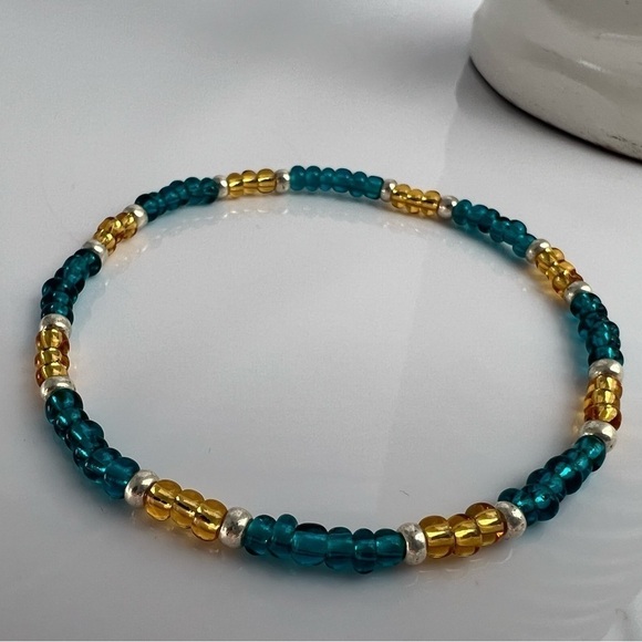 STRETCH Beaded Anklet with Blue and Gold Glass Beads - Picture 3 of 13